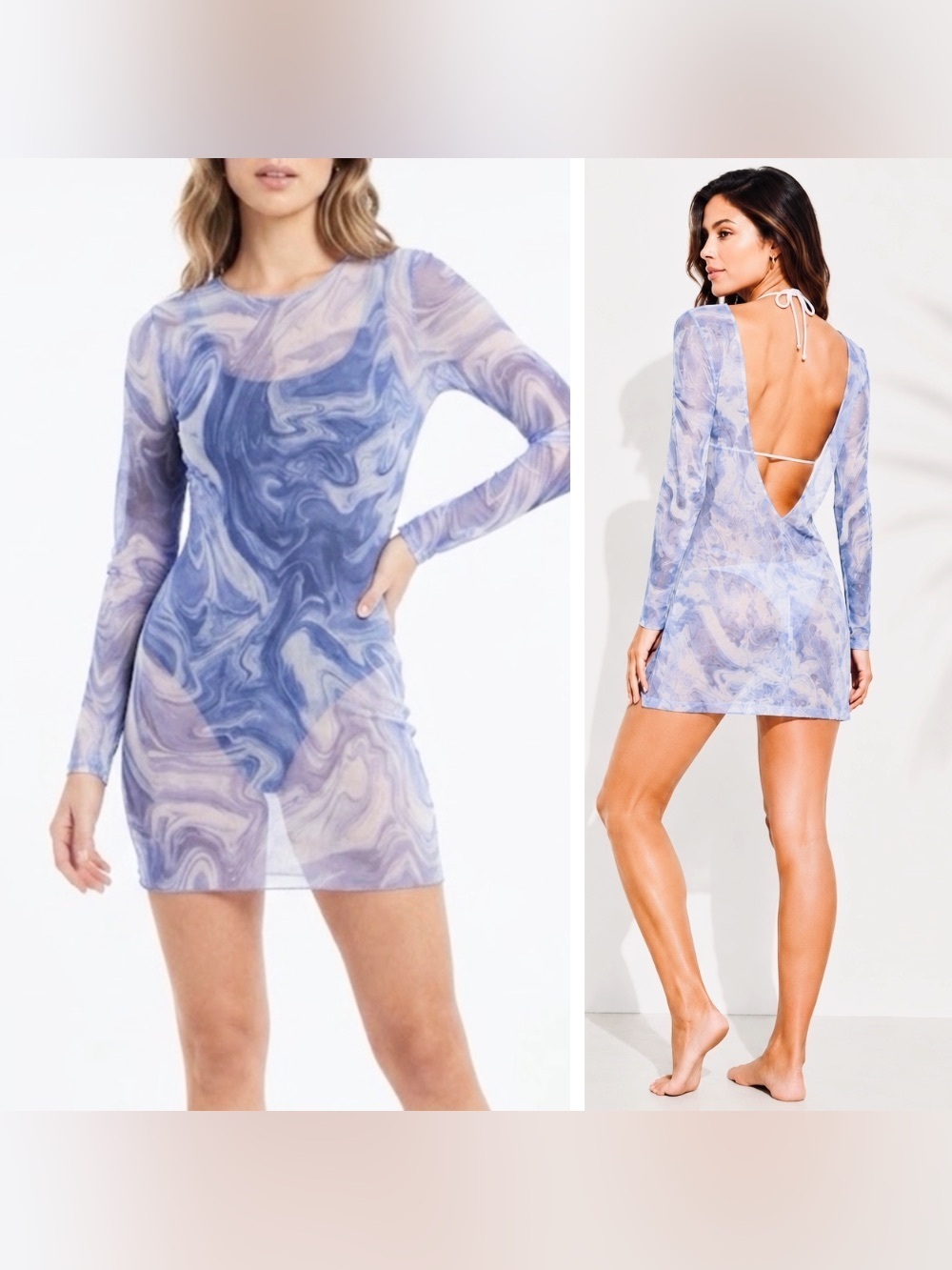 NWT Naked Wardrobe Blue Marble Sheer Swim Cover-Up Dress, Sizes S & XL